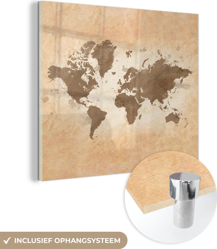 MuchoWow Glasbilder - Bilder auf Wandbild - Foto auf Glas Weltkarte - Beige - Braun 40x40 cm Wanddekoration aus Glas - Acrylglasbild - Acrylbilder