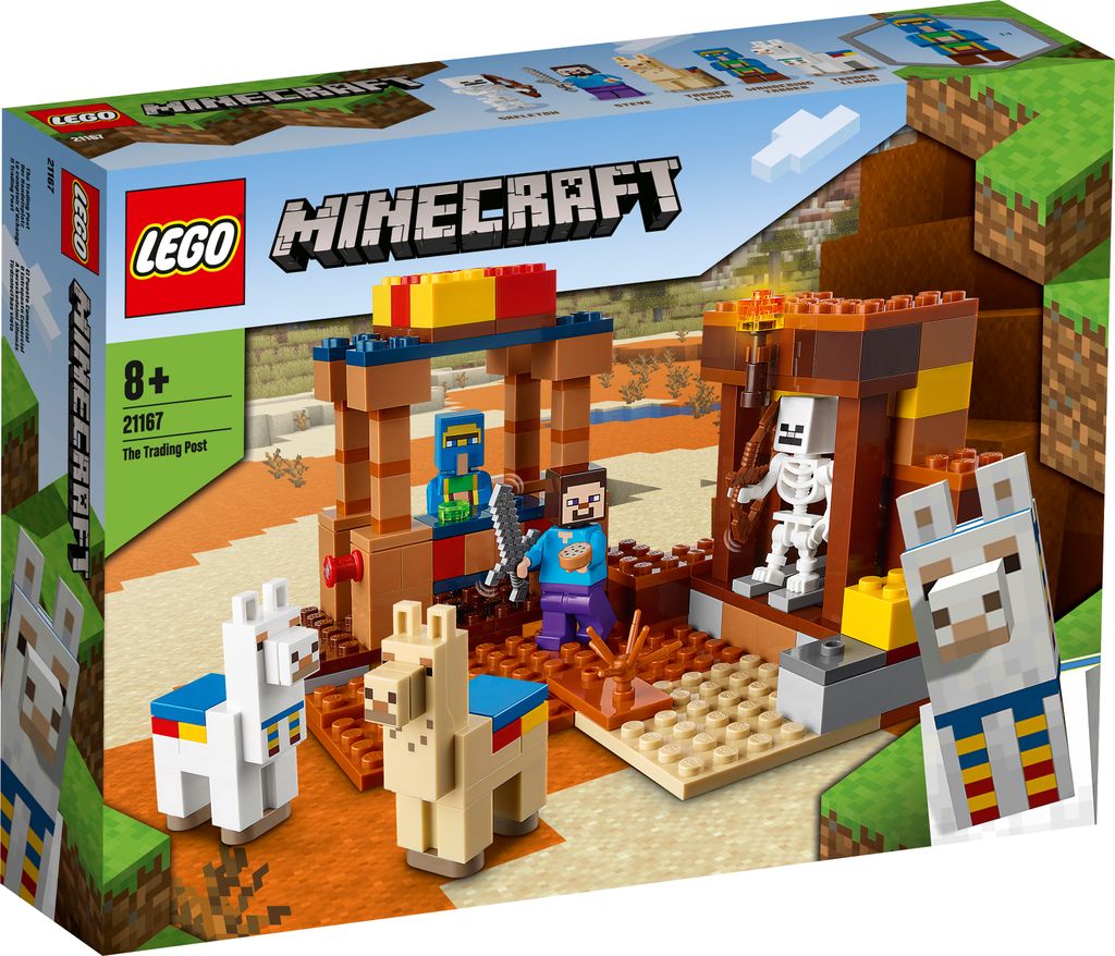 The image shows the box of a LEGO Minecraft Trading Post building set, featuring the product in a 3D render on a desert-like landscape.
