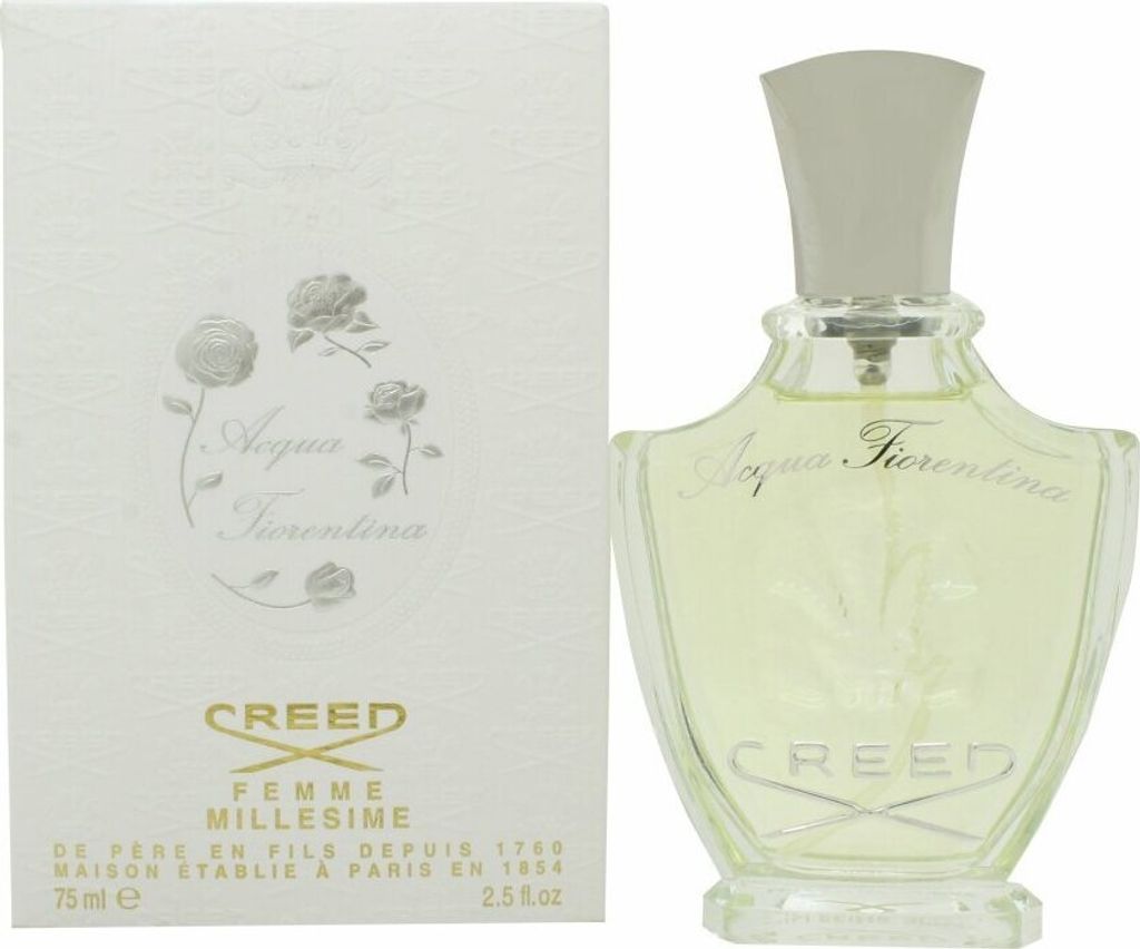 A perfume bottle and its packaging are displayed against a white background.
