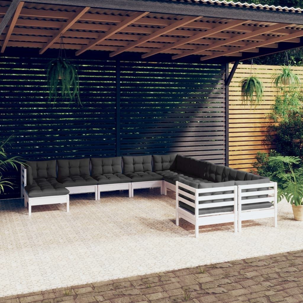 Maison Exclusive - 11-tlg. Garten-Lounge-Set mit Kissen Weiß Kiefernholz