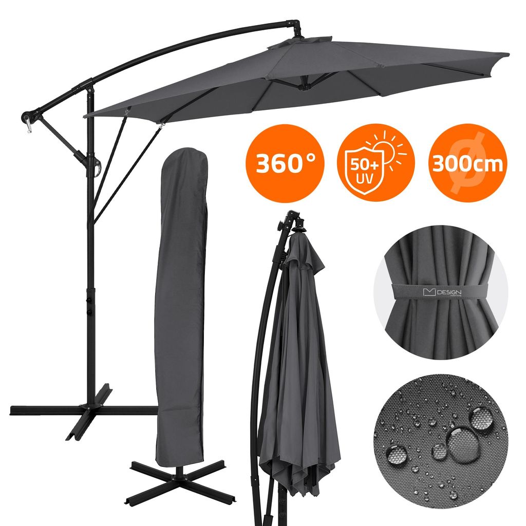 ML-Design Ampelschirm Ø 300 cm Anthrazit Alu Sonnenschirm mit Kurbel, Abdeckung & Ständer UV50+ Sonnenschutz & wasserabweisend 360° drehbar & ne...