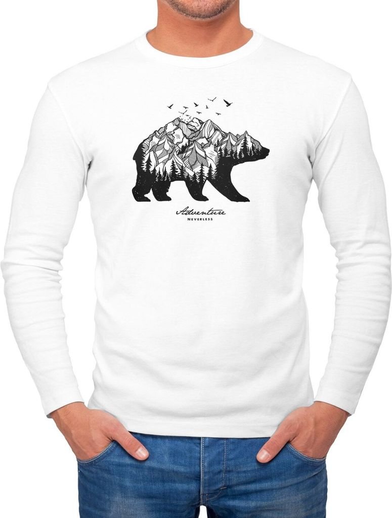 Herren Long-Sleeve Bär Berge Wald Bear Mountains Adventure Langarm-Shirt Neverless weiß XXL
