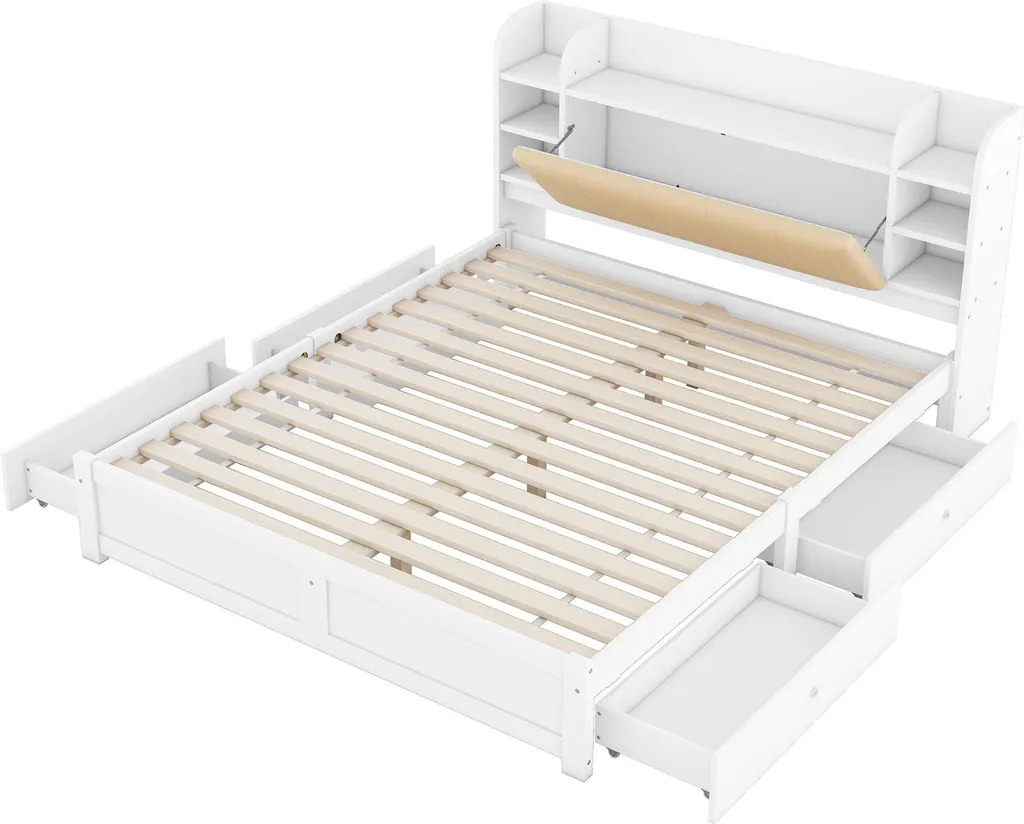 Lit 180x200 blanc à tête de lit modulable et multi-compartiments - 10
