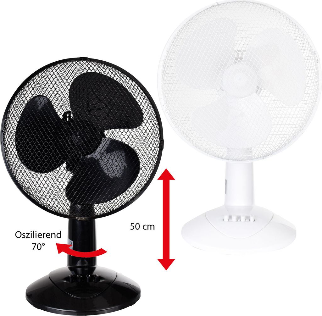Two desk fans, one black and one white, are shown side-by-side. The black fan has text and arrows indicating its oscillation feature and size.