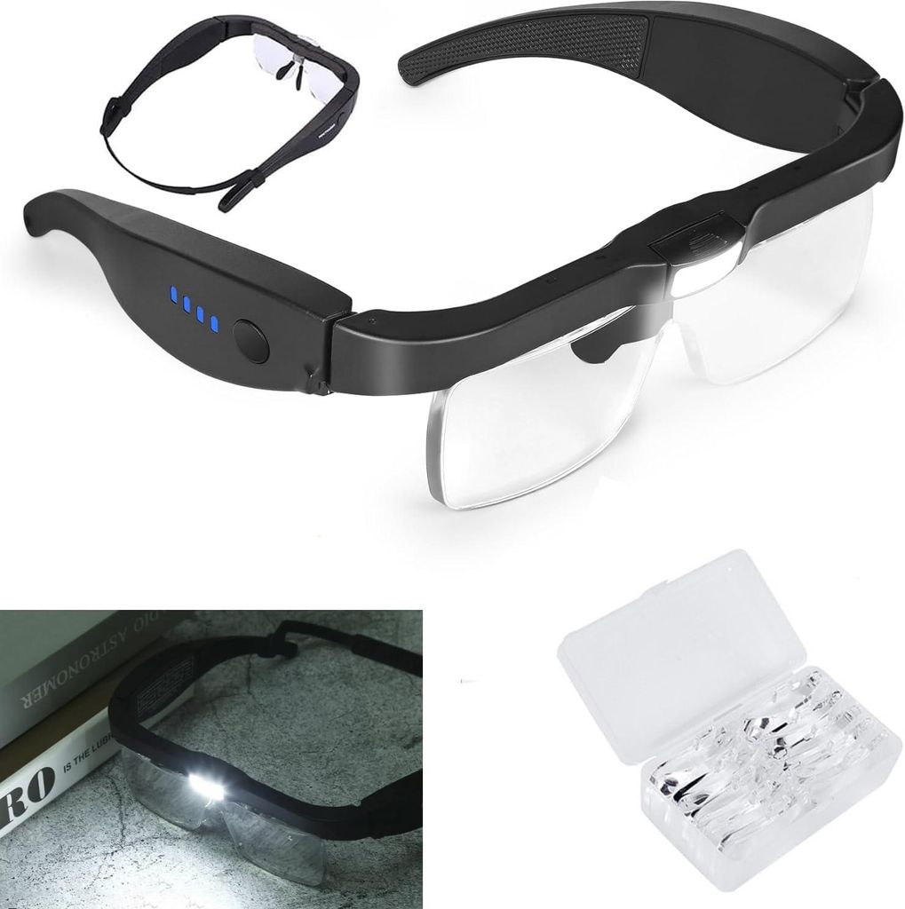 Lupenbrille mit Licht LED Kopflupe Kopfbandlupe Stirnlupe Brillenlupe mit Beleuchtung 5 Linsen 0.75-1.25-2-3-4X für Reparatur Juweliere Nähen Han...