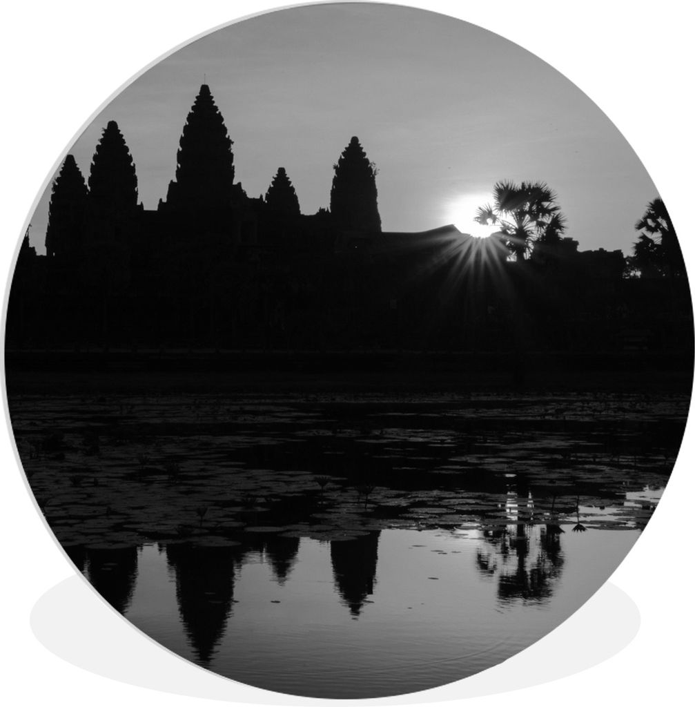 MuchoWow Rundes Wandbild - Runde Bilder Sihouette von Angkor Wat in schwarz-weiß Ø 90 cm Kreis Wanddekoration Kunststoff - Wandkreis - Wandschm...