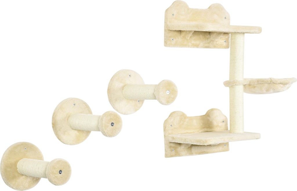 Kletterstufen, Kletterwand, Katzentreppe, 4-tlg. Set, mit Kratzbaum, Hängematte, beige+cremeweiß, 40 x 28 x 73cm
