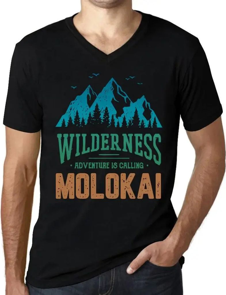 Herren Grafik T-Shirt V-Ausschnitt Die Wildnis das Abenteuer ruft Molokai – Wilderness, Adventure Is Calling Molokai – Öko-Verantwortlich Vintage