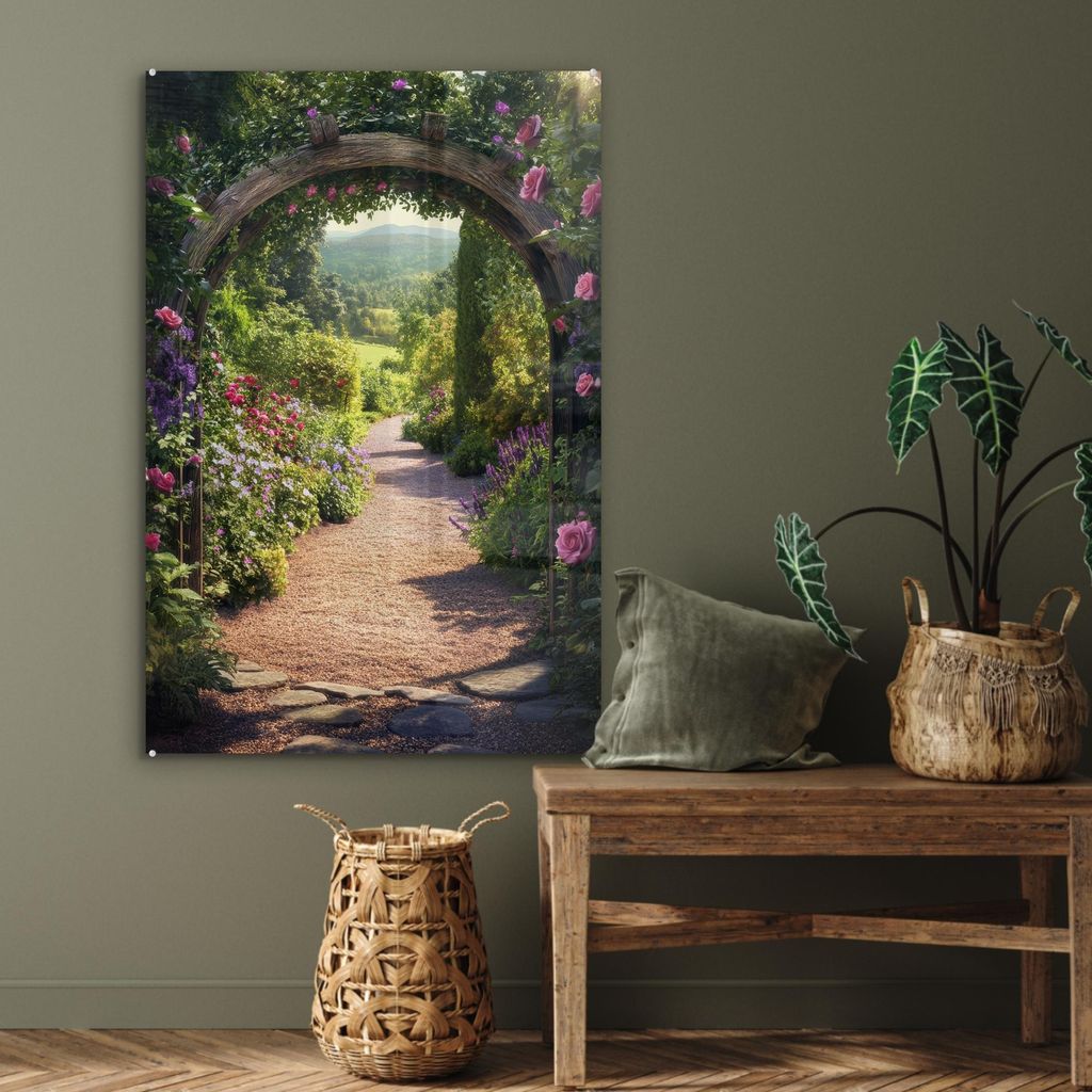 MuchoWow Glasbilder - Bilder auf Wandbild - Foto auf Glas Durchsichtig - Blumen - Natur - Rosenbogen 80x120 cm Wanddekoration aus Glas - Acrylglasb...