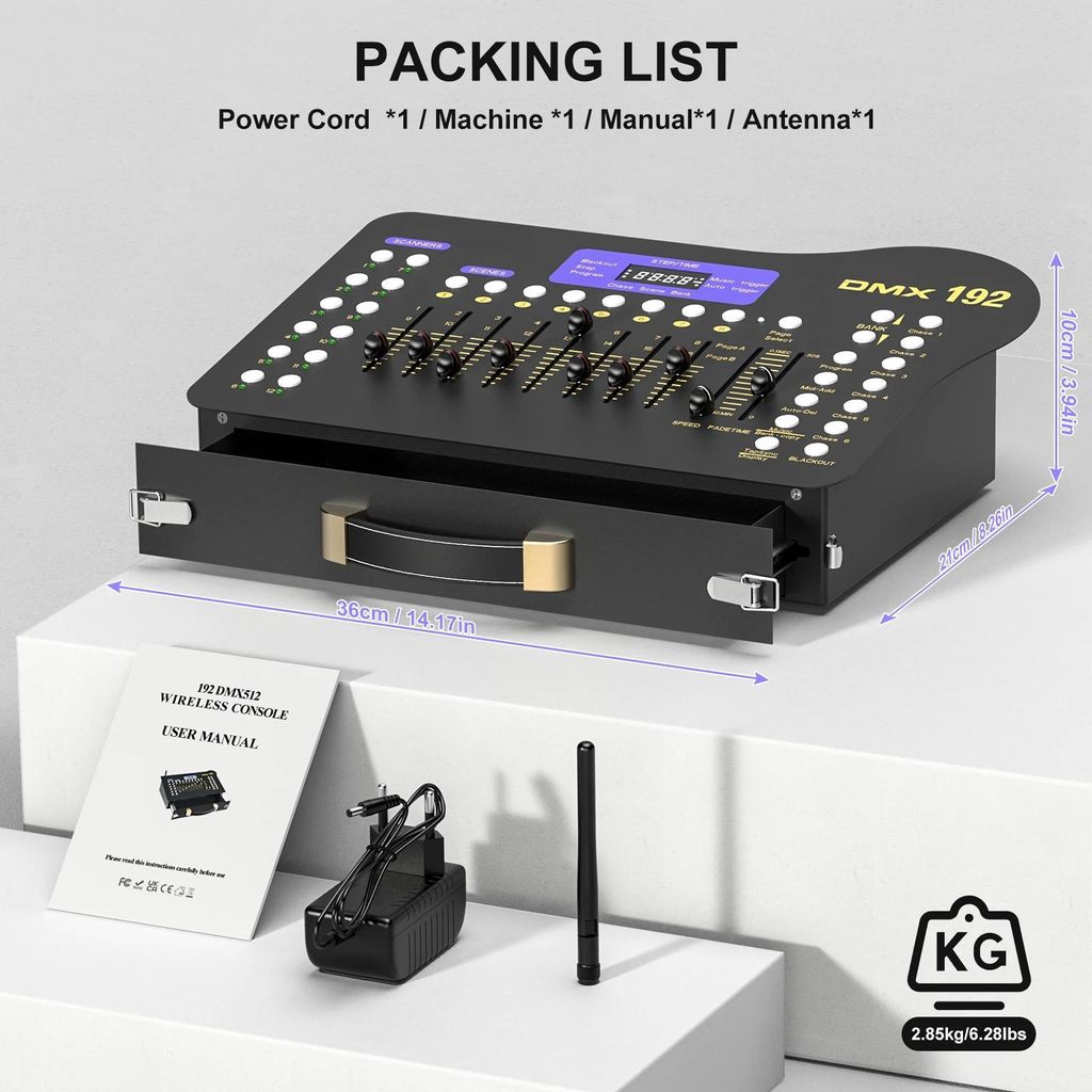 Kabelloser DMX192 Lichtcontroller - 192-Kanal DMX-Konsole - Für PAR-Scheinwerfer und Moving Heads - Bühnen- & DJ-Licht - 90–240 V - EU-Stecker