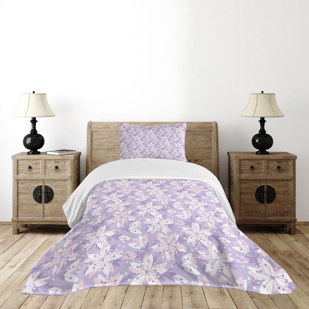 ABAKUHAUS Blumen Tagesdecke Set, Botanischer Thema Abtract Blumen-Muster Frühlings-Blüten-Motive, 170 x 220 cm, Pastell Lila Lavendel