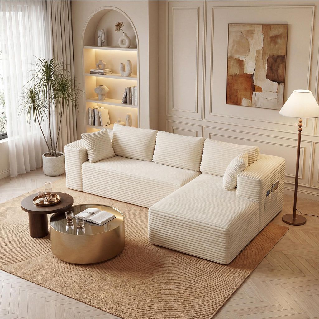 BEALIFE Ecksofa mit Recamiere rechts 4-Sitzer | Modulares Cord-Sofa | Dunkelgrau/Creme | AR43