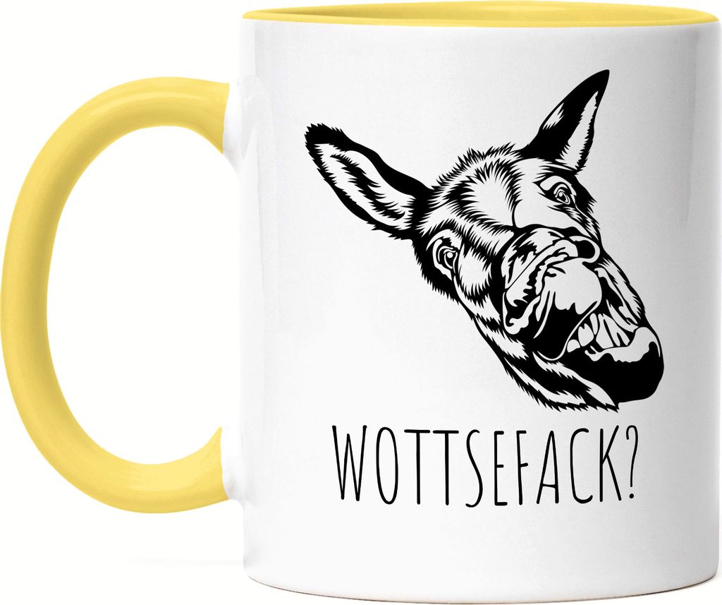 Wottsefack WTF Tasse Gelb Esel Geschenk Humor Büro Mitarbeiter Chef Kollegen
