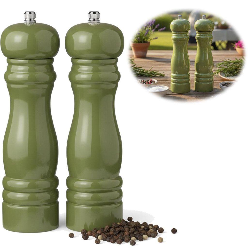 LS-LebenStil 2x Design Holz Salzmühle & Pfeffermühle 2 ́er Set Grün Olive 21x5cm Keramikmahlwerk Gewürzmühle Mühle für Salz schwarze Pfeffer...