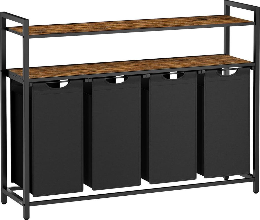 Wäschekorb mit 4 Fächern - Kleiderorganisator - Aufbewahrungseinheit - Braun-Schwarz - MDF & Stahl - 115,6 cm x 33 cm x 92 cm