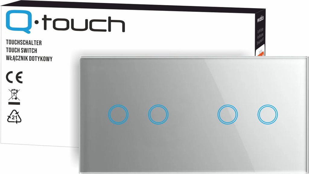 Touchschalter Panel 2+2 Glas silber Qtouch Wandschalter ohne Modul