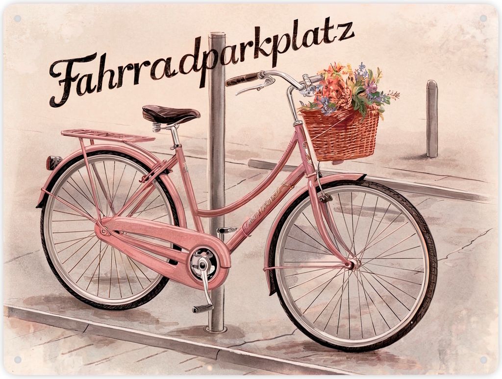 Fahrradparkplatz Metallschild XXL in 28x38 cm mit rosa Drahtesel und Blumenkorb