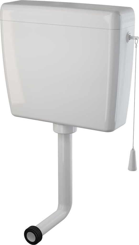 A white toilet cistern with a pull-chain flush mechanism.