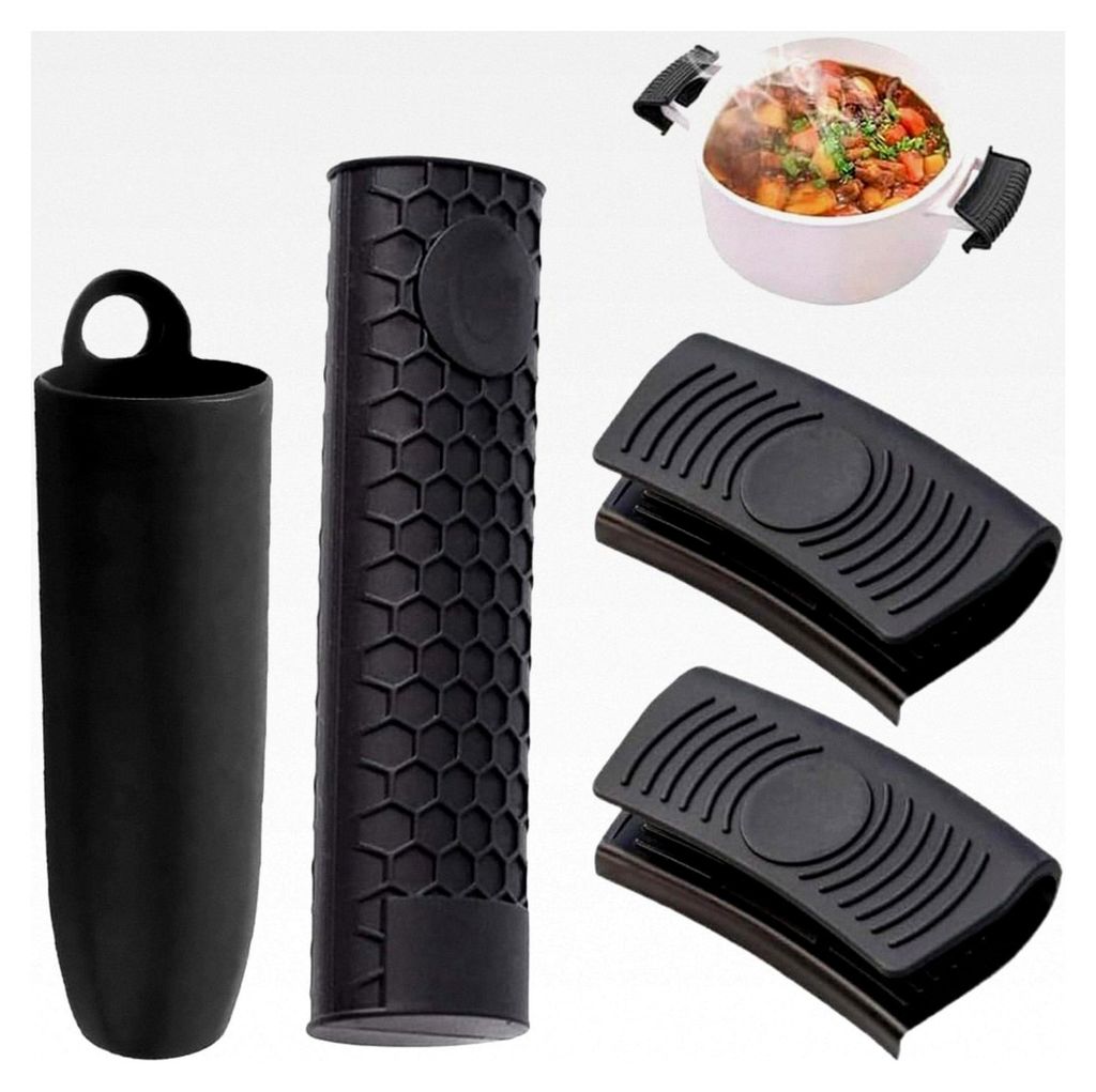 4-teiliges Silikon Topfgriffschoner Set, bestehend aus 1x Punktmuster, 1x Wabenmuster und 2x Topfhenkel-Clips, hitzebeständig und rutschfest, sch...
