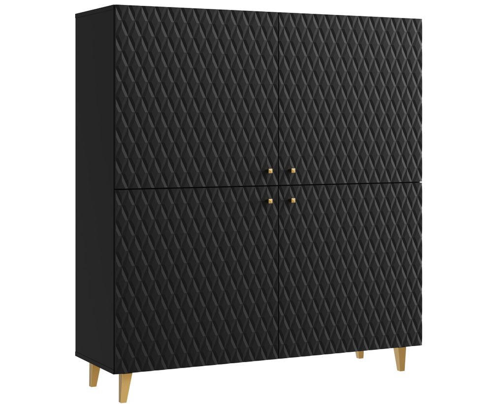 A black four-door cabinet with a diamond-stitched pattern and gold handles, standing on four wooden legs.