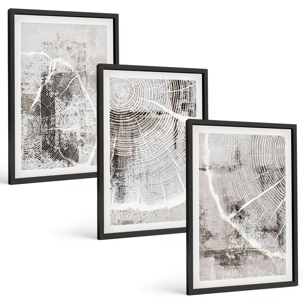 Bilder Set 3-teilig im schwarzen Rahmen – Wandbilder 3 Stück – gerahmte Poster für Wohnzimmer, Schlafzimmer und Flur – 40x60 cm – Graue H...