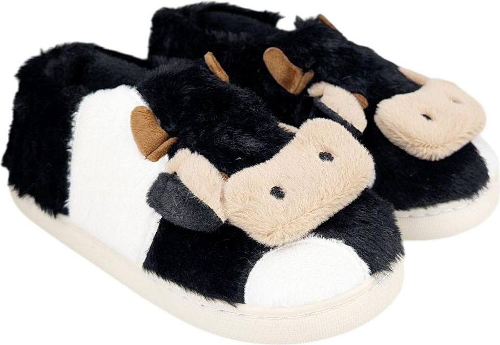 Damen Gefüttert Slippers Isoliert Slip On Hausschuhe mit Kuh Muster Schwarz Gr.37