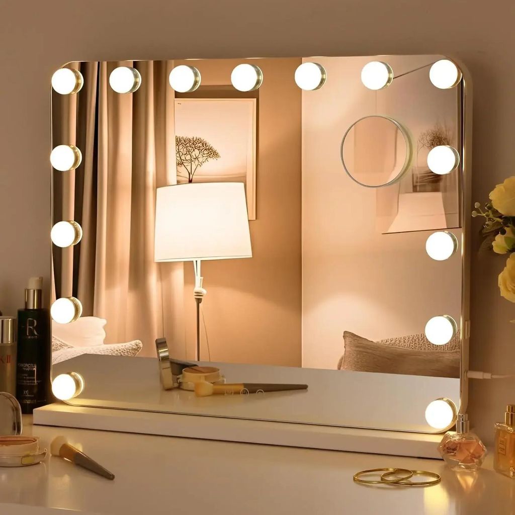 Hollywood Schminkspiegel mit Beleuchtung, weiß, 15 dimmbare LEDs, 3 Lichtfarben, einstellbare Helligkeit, USB-Ladeanschluss, 58×46 cm
