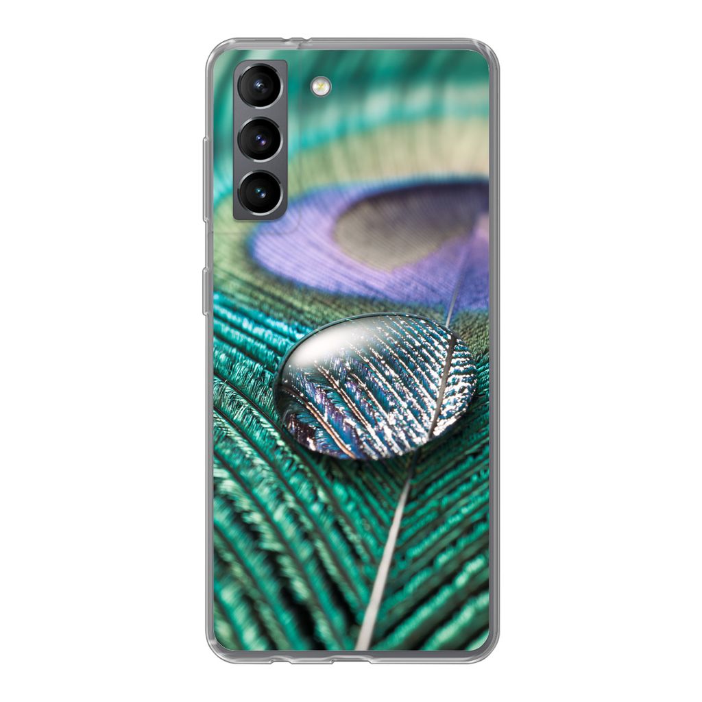 MuchoWow Handyhülle Schutzhülle Hülle für Samsung Galaxy S21 Nahaufnahme eines Wassertropfens auf einer Pfauenfeder Silikon Softcase Handy H...