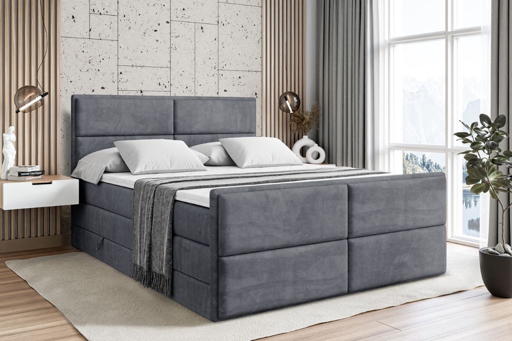 ALTDECOR Boxspringbett mit Fußteil, 2 Matratzen und Topper - 160x200 cm - AURA-Z KING - Dunkelgrau Samt - Polsterbett mit, H3- und H4- Matratzen, ...