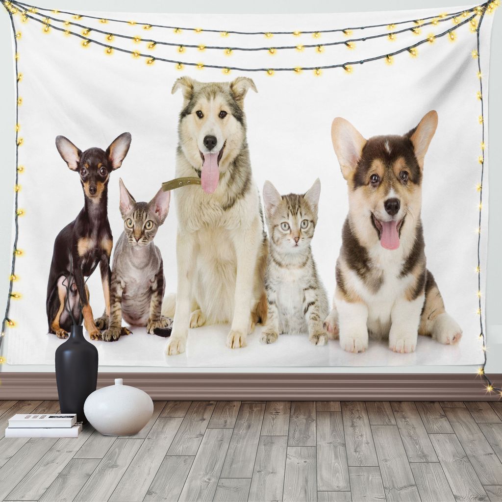 ABAKUHAUS Corgi Wandteppich, Haustiere Hunde Katzen Freunde Foto, Wohnzimmer Schlafzimmer Wandtuch Seidiges Satin Wandteppich, 150 x 100 cm, Mehrfa...