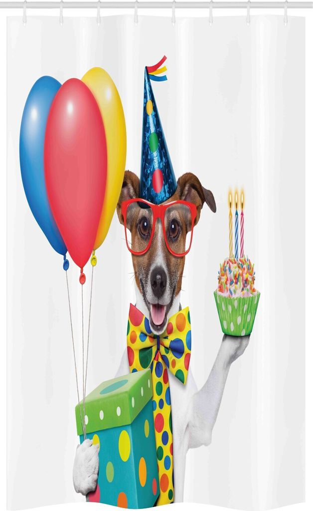 ABAKUHAUS Geburtstag Schmaler Duschvorhang, Party Hund und Luftballons, Badezimmer Deko Set aus Stoff mit Haken, 120 x 180 cm, Mehrfarbig