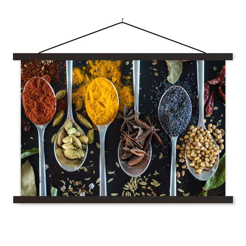 MuchoWow Textilposter Löffel - Gewürze - Kräuter - Essen - Tisch 150x100 cm mit schwarzem Rahmen - Schlafzimmer