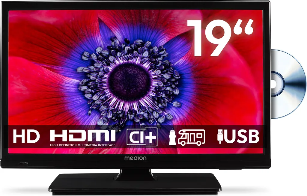 MEDION 47 cm (19 Zoll) HD Fernseher mit DVD-Player (perfekt für Camping Wohnmobil LKW Garten, 12V KFZ Car-Adapter, Triple Tuner Receiver, HDMI, USB, M