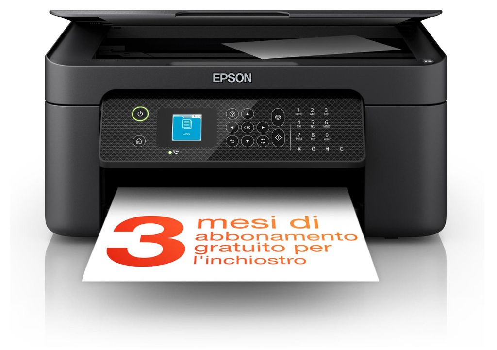 A black Epson WorkForce WF-2910DWF printer is shown with a piece of paper coming out of it that has promotional text and a large number '3' on it.