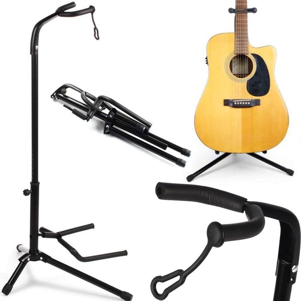 A collage of images showing a guitar stand, a folded guitar stand, an acoustic guitar on a stand, and a close-up of the guitar stand's padded neck support.