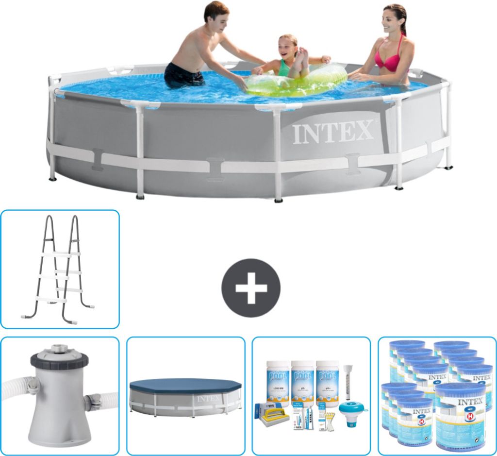 Intex Round Prism Frame Swimming Pool – 305 x 76 cm – Grau – inklusive Pumpe Abdeckung - Wartungspaket - Filter - Leiter
