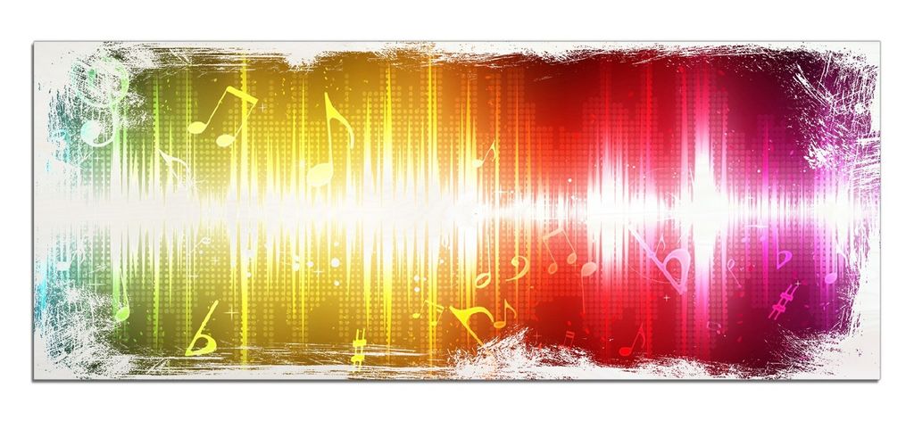 Wallario Kunstdrucke Wandbilder Holz in : Brillante Farben, Größe 50 x 125 cm Motiv Blau-gelbe Noten der Musik