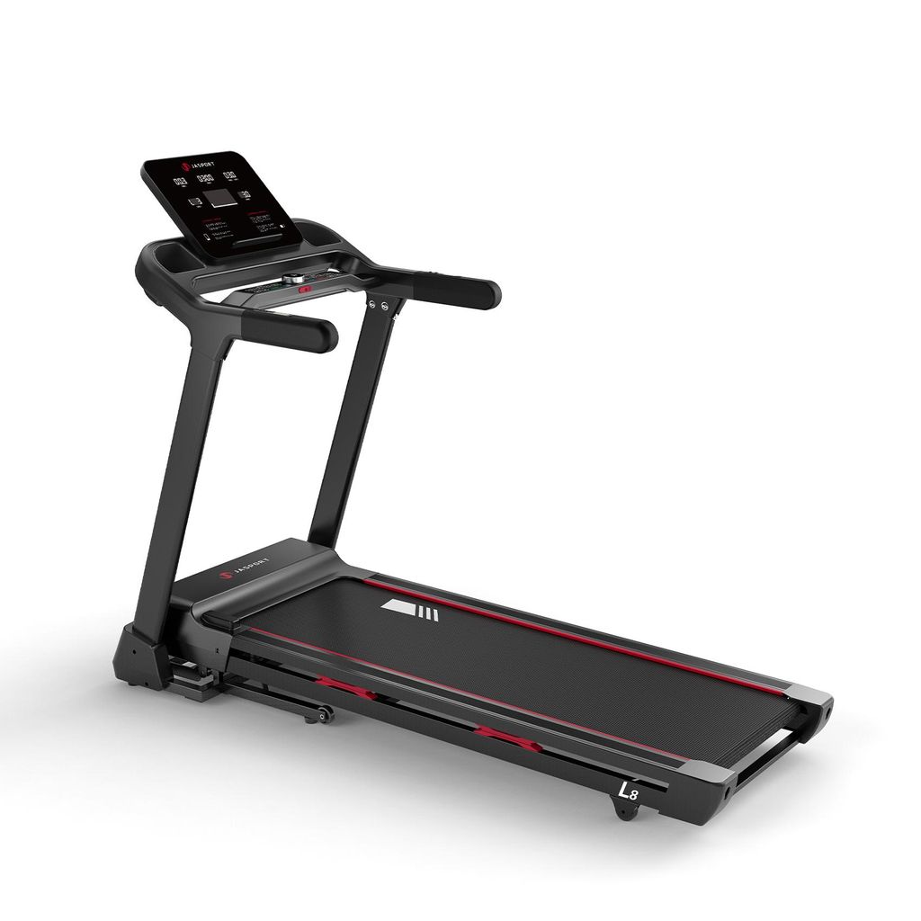 A black and red treadmill is shown against a white background.