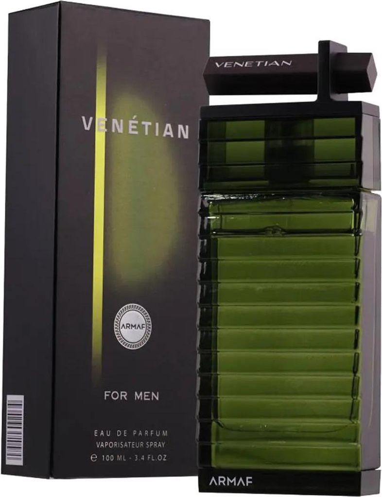 A product shot of a perfume bottle and its packaging.