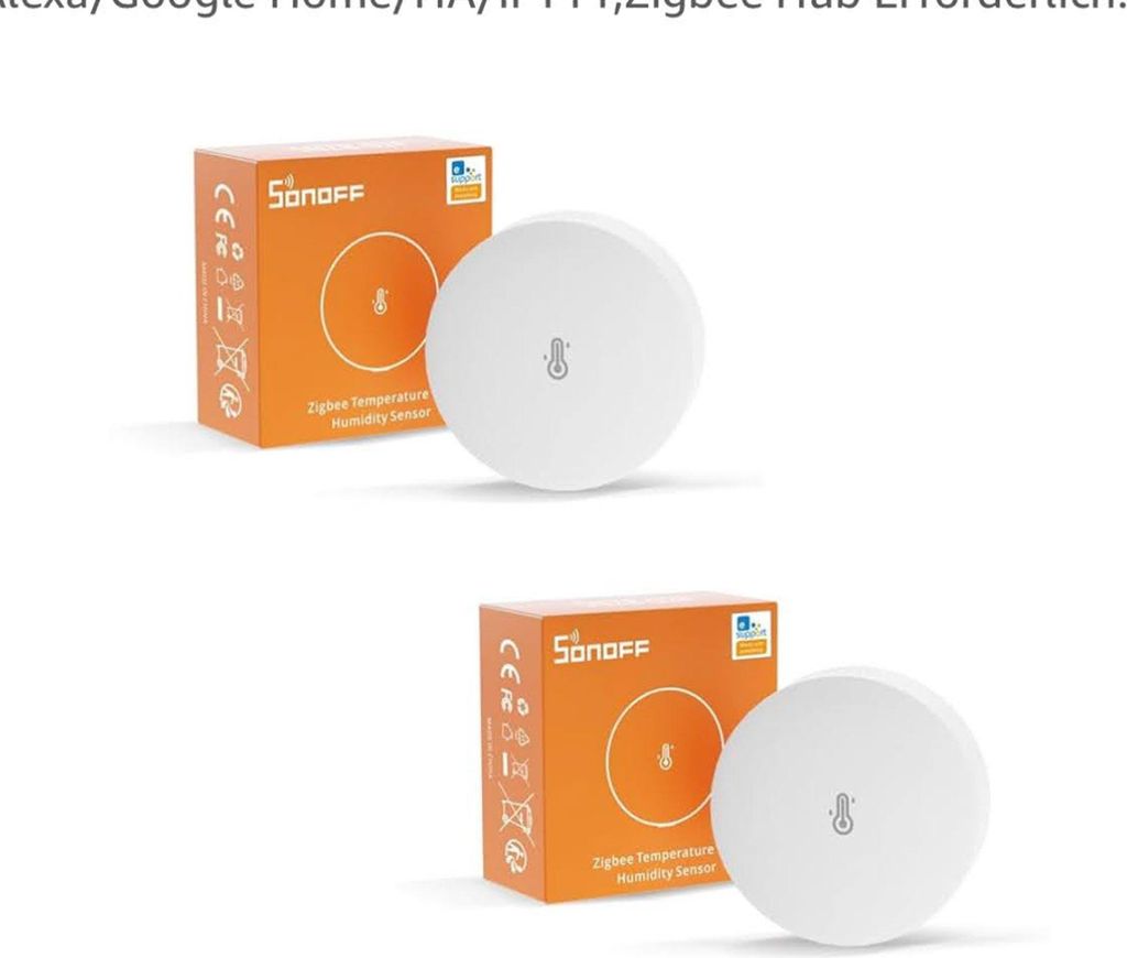 Two Sonoff Zigbee temperature and humidity sensors are shown, each with its packaging.