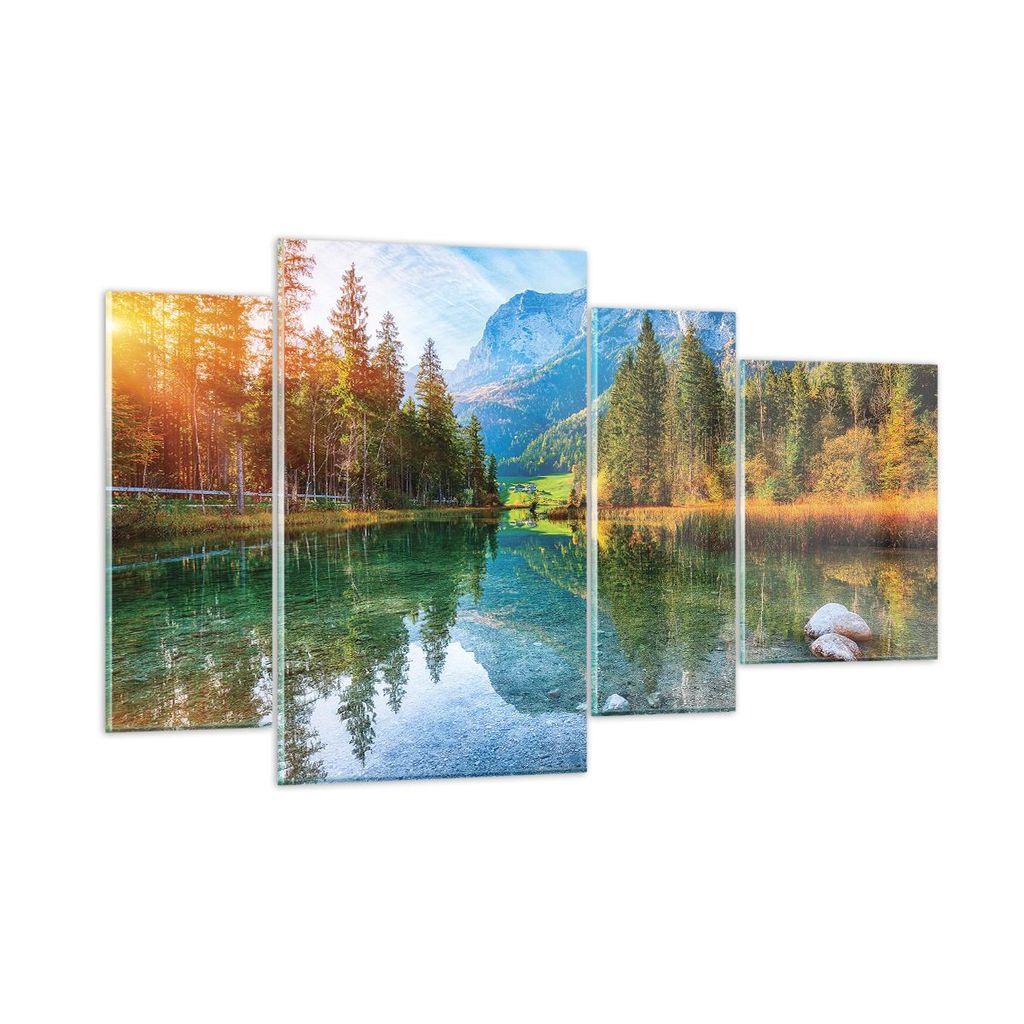 Bilder auf glas - 4 Teile - Landschaft Berge Morgendämmerung - 120x70cm - Glasbilder - Wandbilder - Bilder - Wanddekoration aus Glas - Glas Bilder...