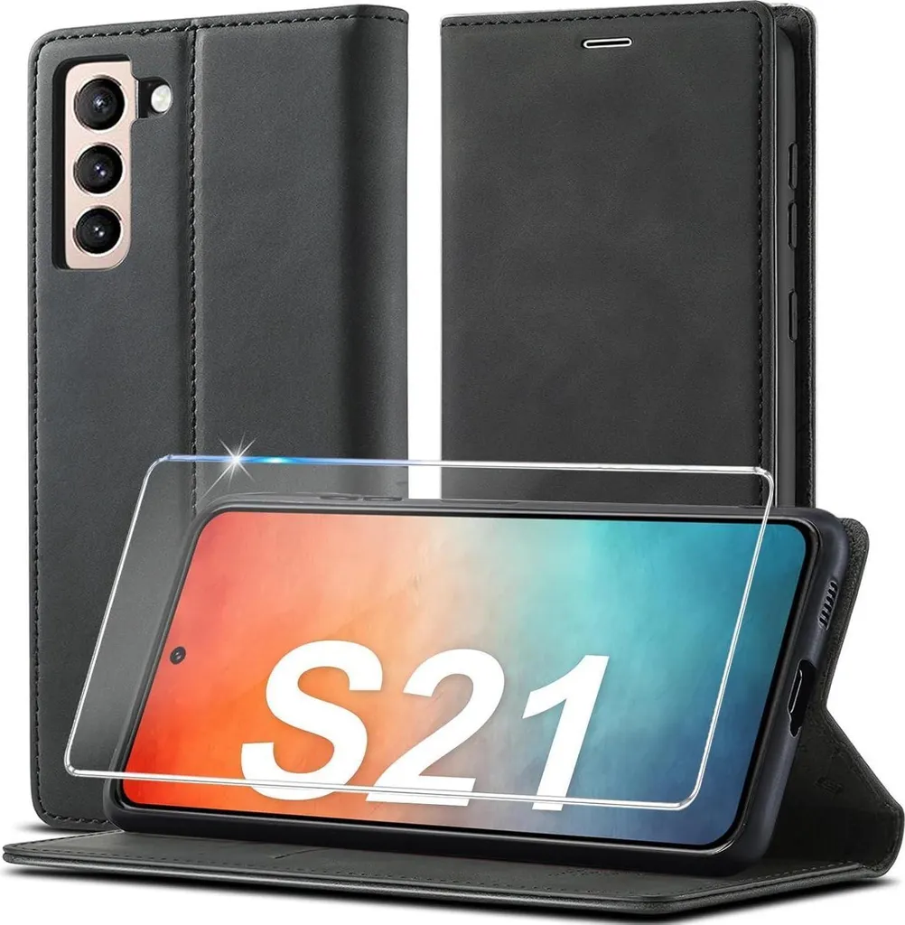 Étui Portefeuille Samsung S21 en Cuir Noir avec Rabat de Protection 360