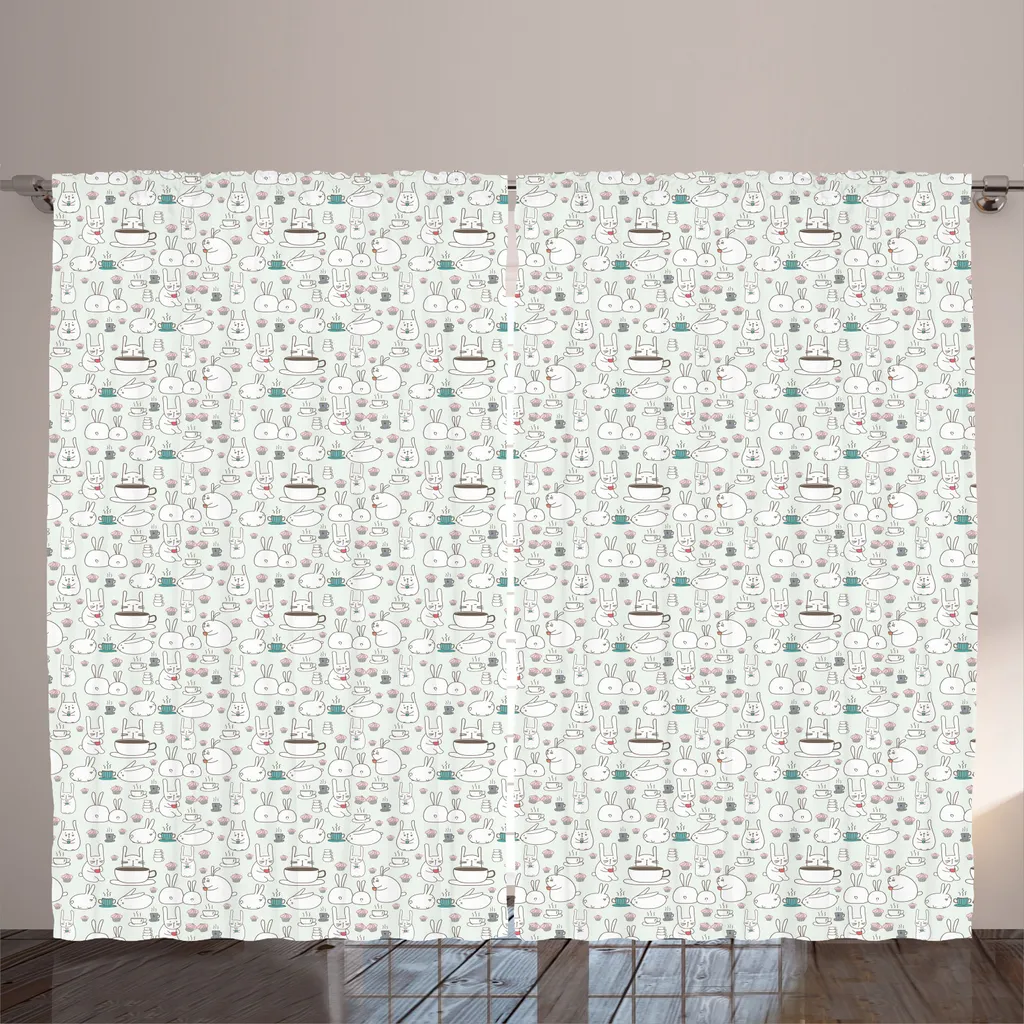 ABAKUHAUS Rideau de Café Rustique Lapins et Gâteaux 280x225cm Bleu