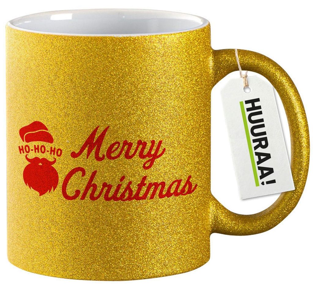 Huuraa Glitzertasse Ho Ho Ho Santa Merry Christmas 330ml Gold Keramik Kaffeebecher Geschenkidee