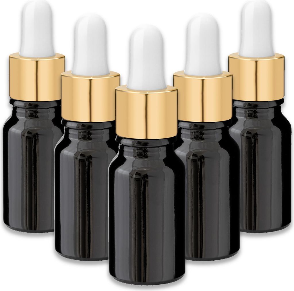 5x Schwarze Glasflasche 10 ml mit goldener Pipette – Kosmetikflasche