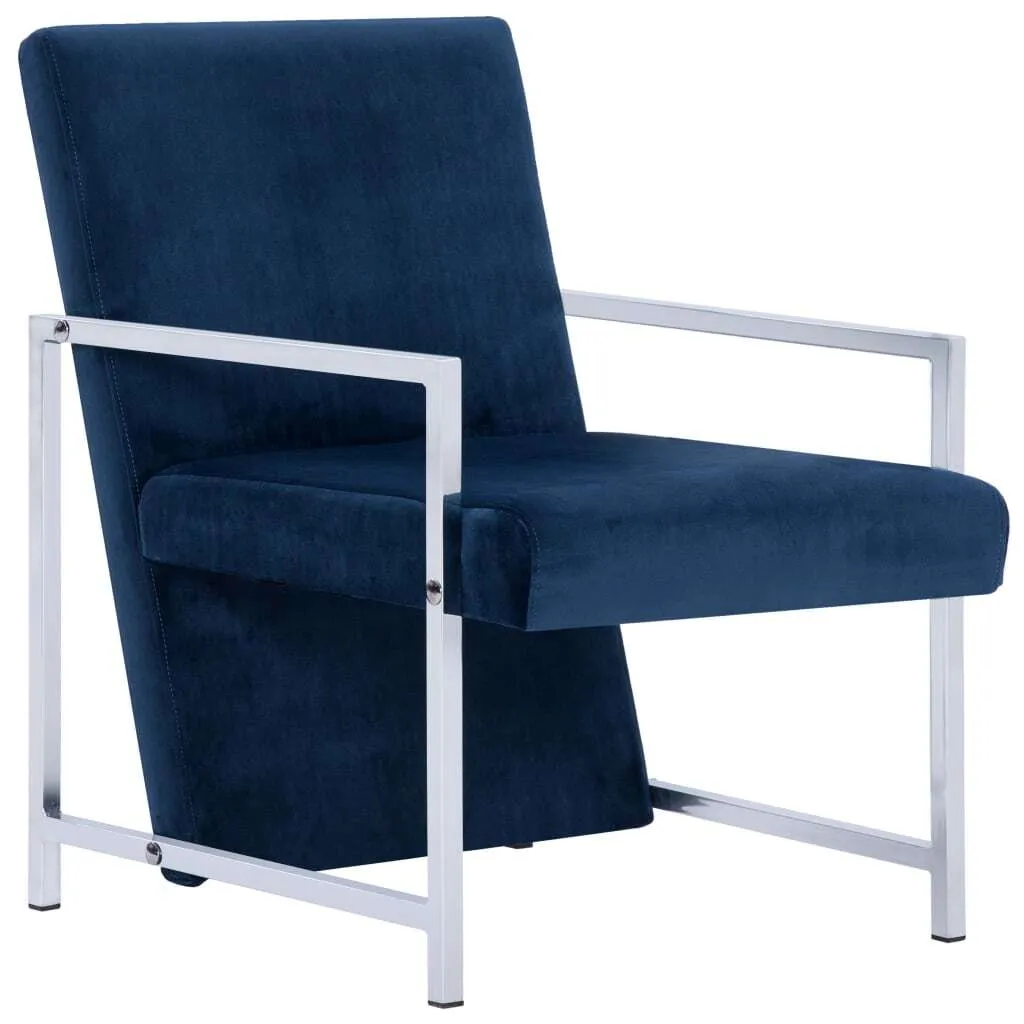 Fauteuil bleu velours pour coin lecture confortable et pieds chromés