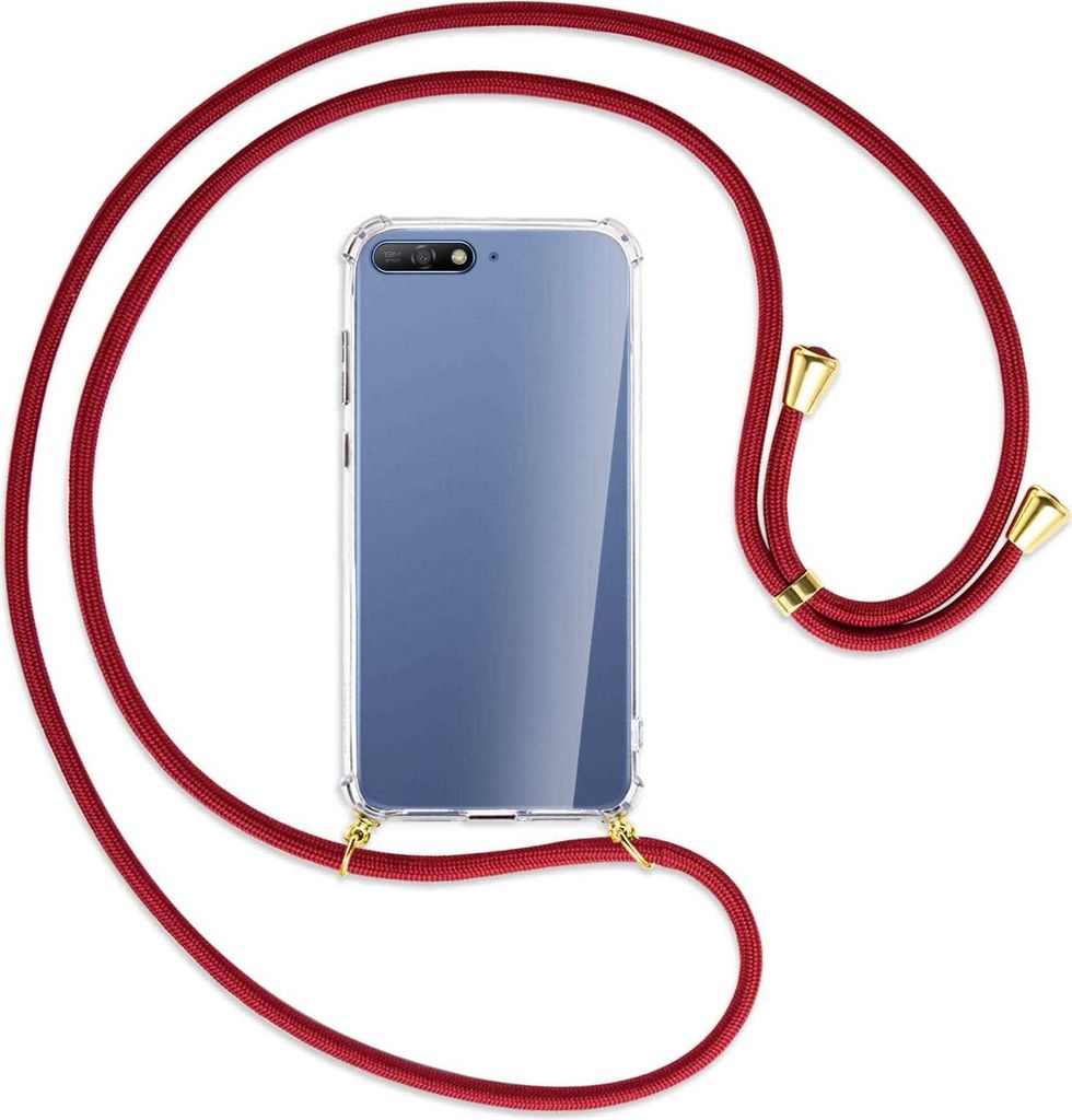 Handykette Backcover-Schutzhülle mit Band (Metall goldfarben) für Huawei Y6 2018 - dunkelrot