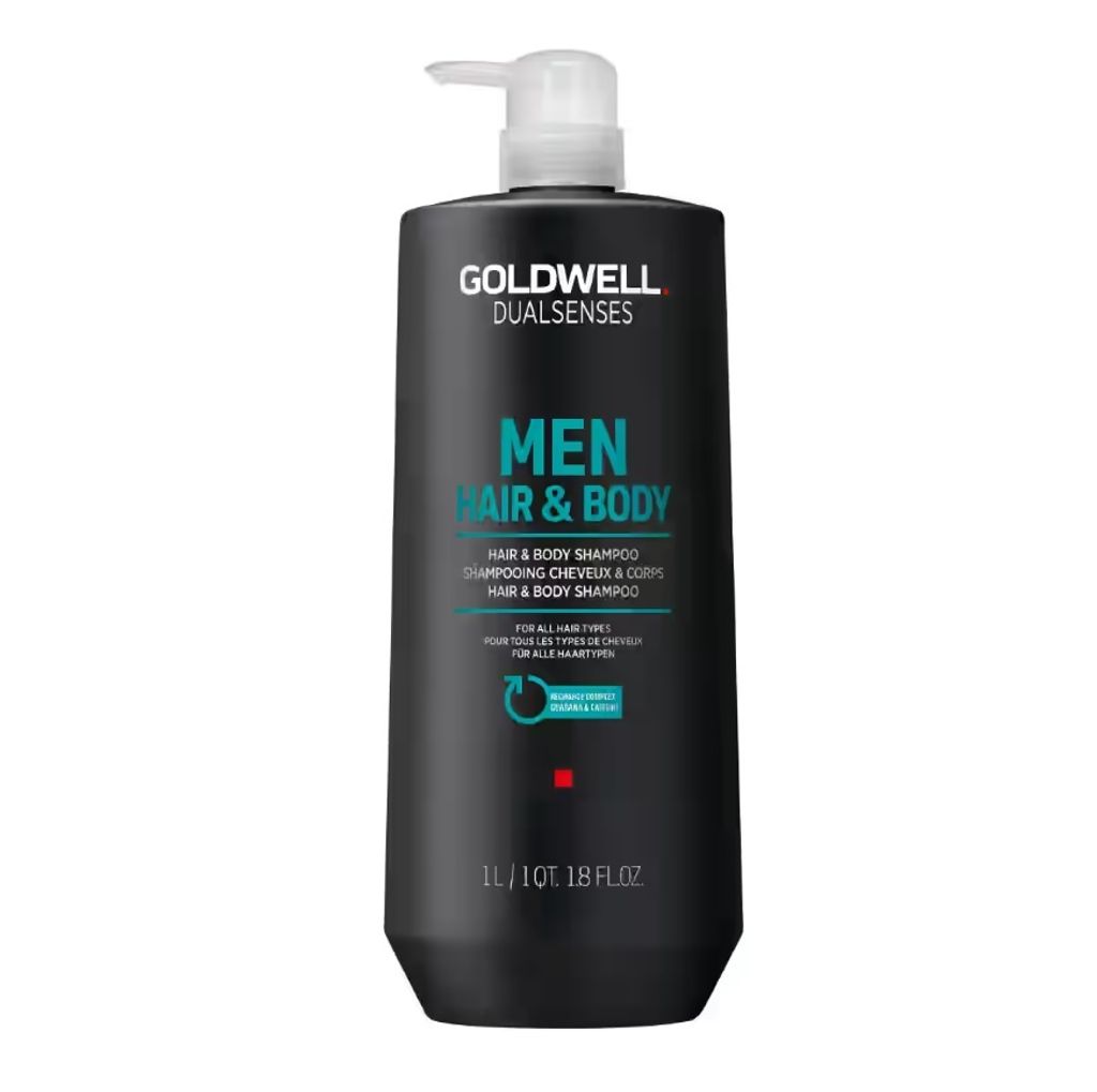 A black bottle of Goldwell Dualsenses Men Hair & Body Shampoo with a white pump dispenser.