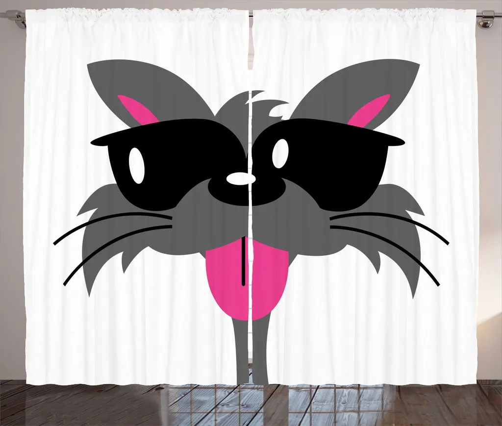 Rideau décoratif tête de chat gris et rose, textile de qualité 280x225