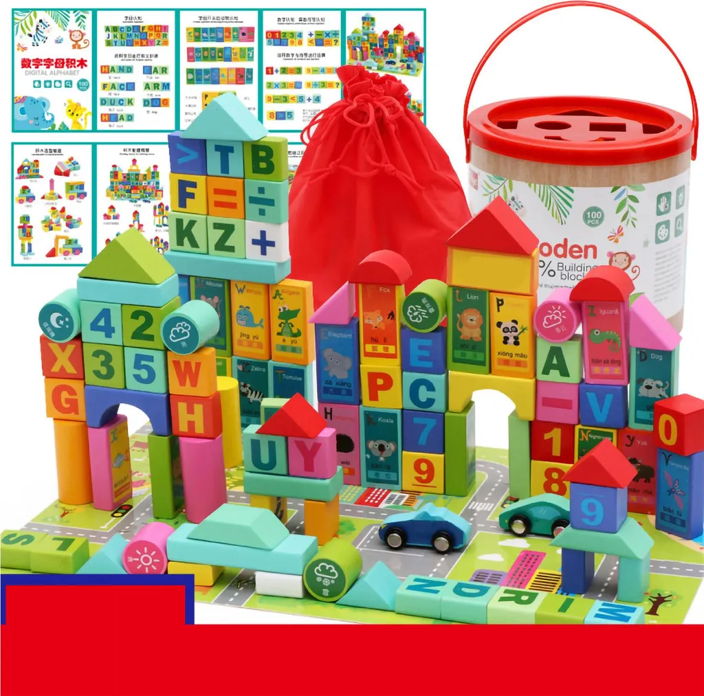 Blocs de construction bois alphabet sans BPA, baril 100 pièces sécurisé